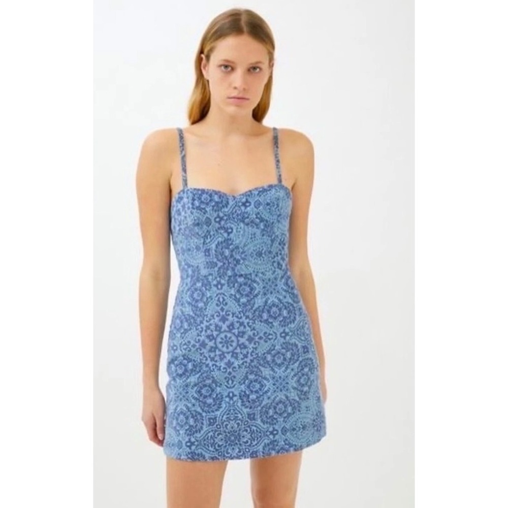 Urban Outfitters Blue Burnout Velvet Damask Mini Dress Sweetheart‎ Smocked Large